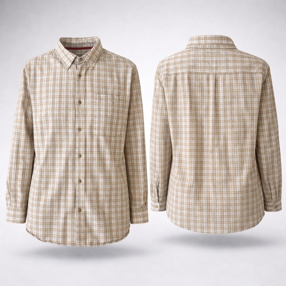 🍁Levi Strauss Signature Mens XL Plaid Button Down Shirt Tan White Cotton WPL-42 - Picture 2 of 6